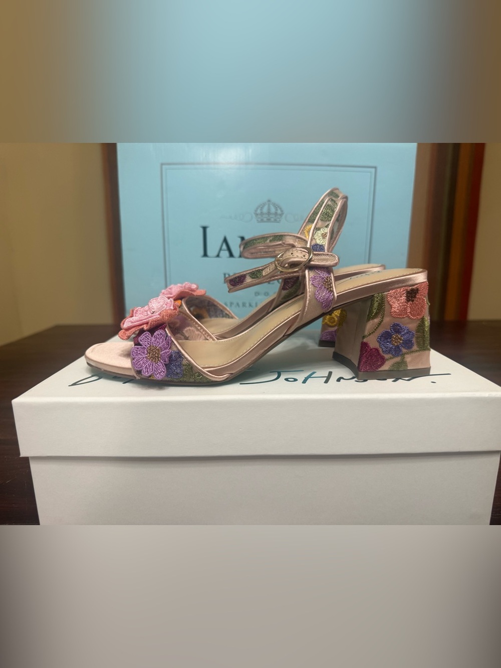 Betsey Johnson Pink Metallic Floral Applique Block Heel Sandals - Picture 2 of 4